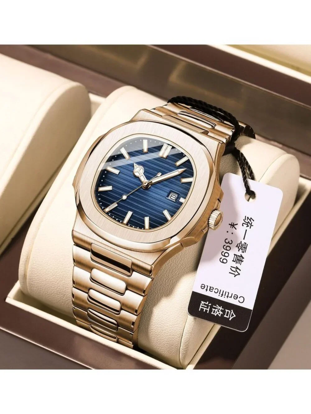Men's Rose Gold Stainless Steel Strap Quartz Movement Waterproof Wrist Watch